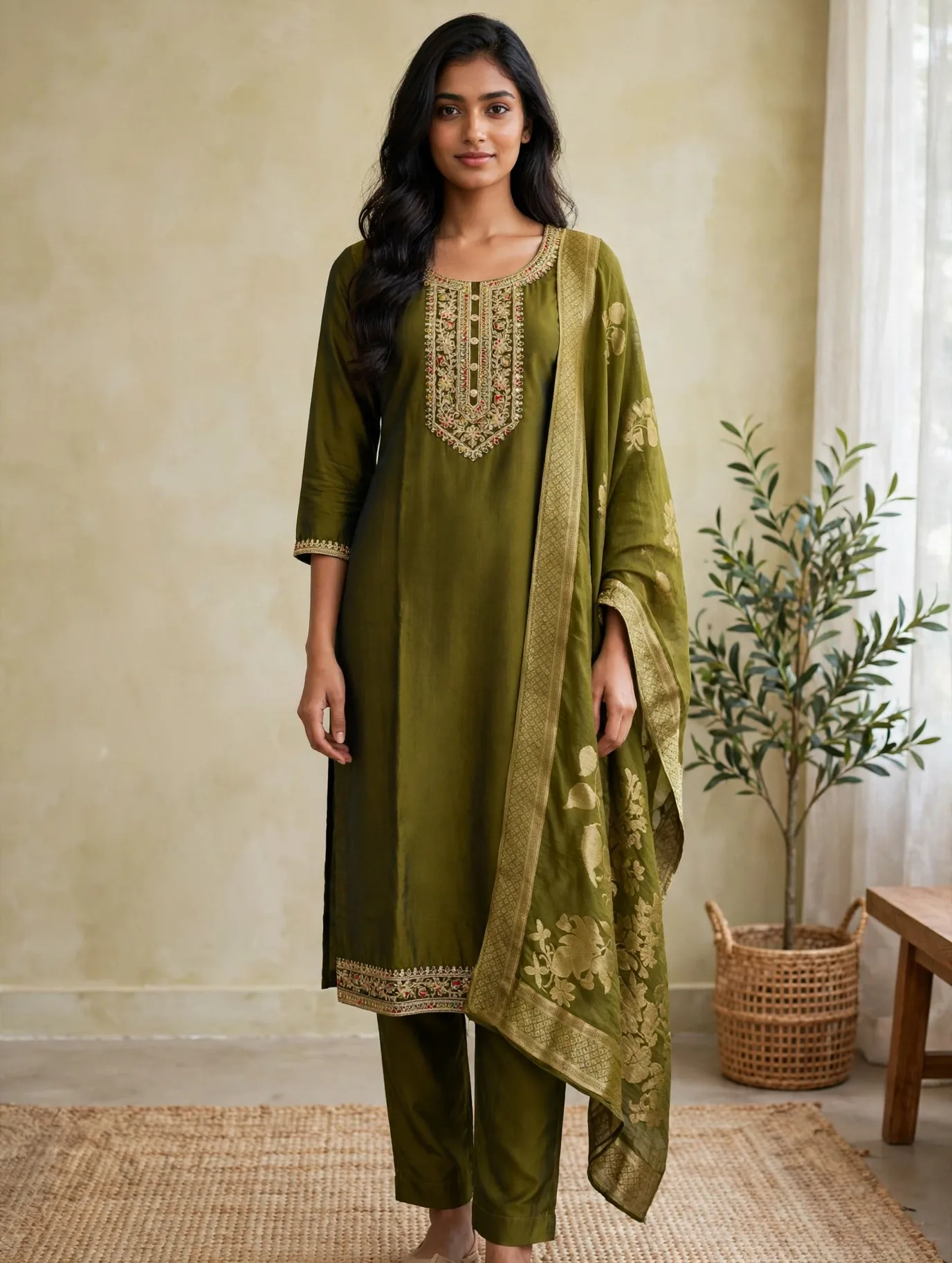 Olive Silk Kurta Set